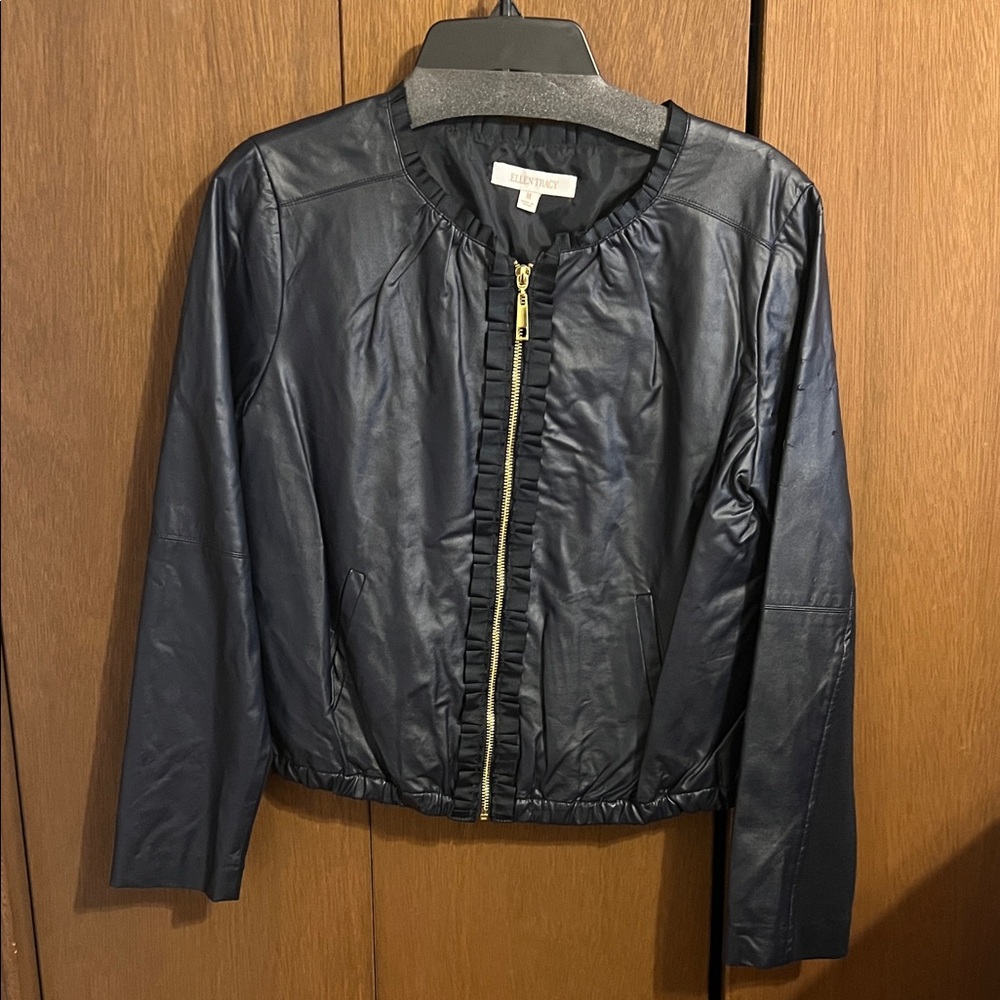 Theory Midnight Leather Jacket with Gold Zipper